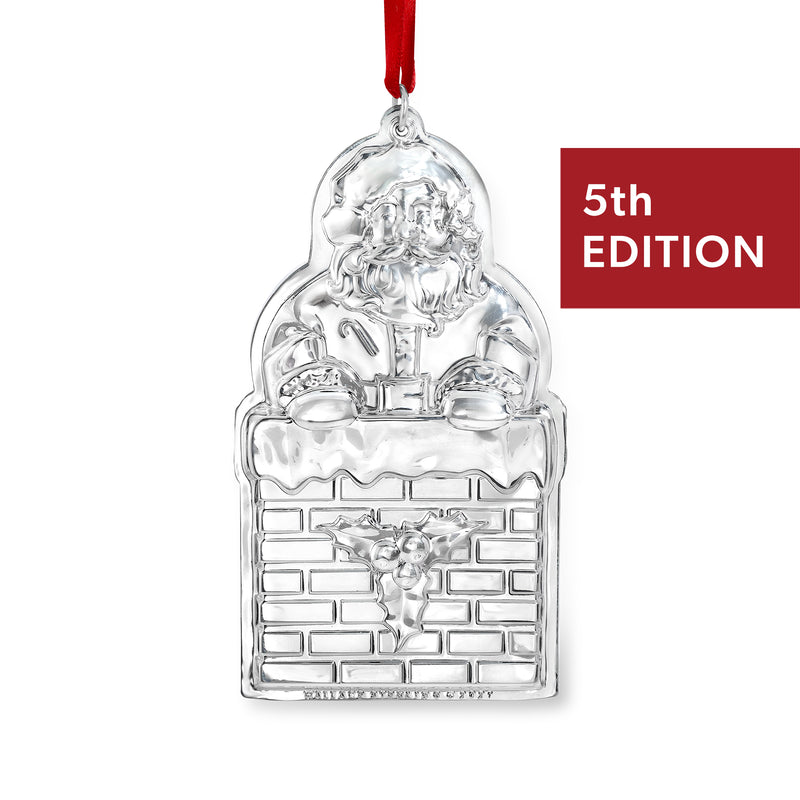 Sterling silver Santa house hanging ornament, 5th edition, red ribbon loop