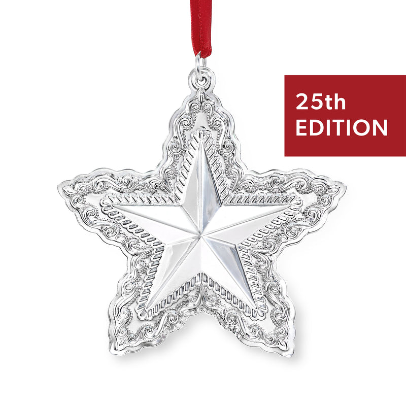 Towle 25th edition sterling silver star ornament with red hanging ribbon