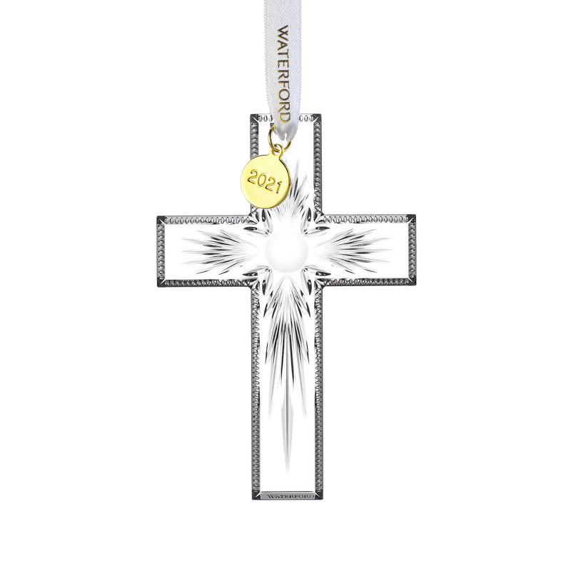 Waterford crystal cross ornament with '2021' hanging tag, clear faceted cross