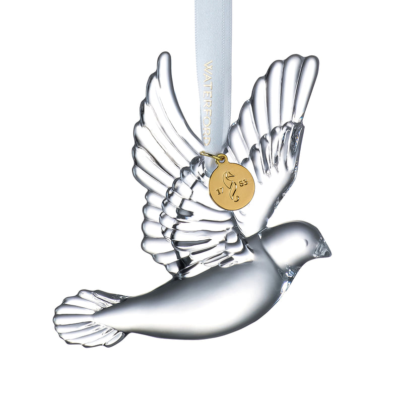 Waterford 2021 crystal dove of peace ornament, silver-toned glass bird with gold charm tag