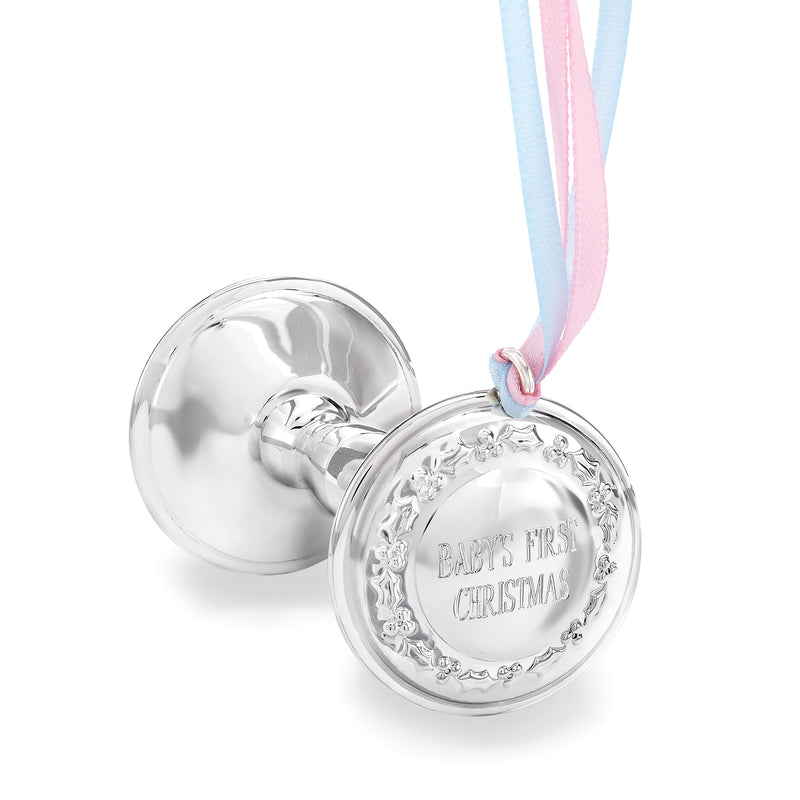 Sterling silver baby’s first Christmas ornament with ribbon, engraved circular medallions