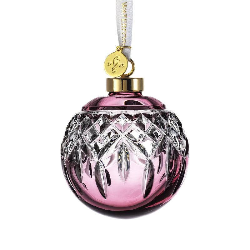 Waterford Crystal Lismore cranberry glass ball ornament with faceted cut, gold cap and hanger