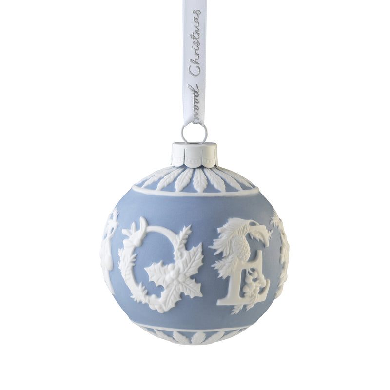 Wedgwood Noel porcelain ball ornament with blue-and-white relief figures, hanging loop
