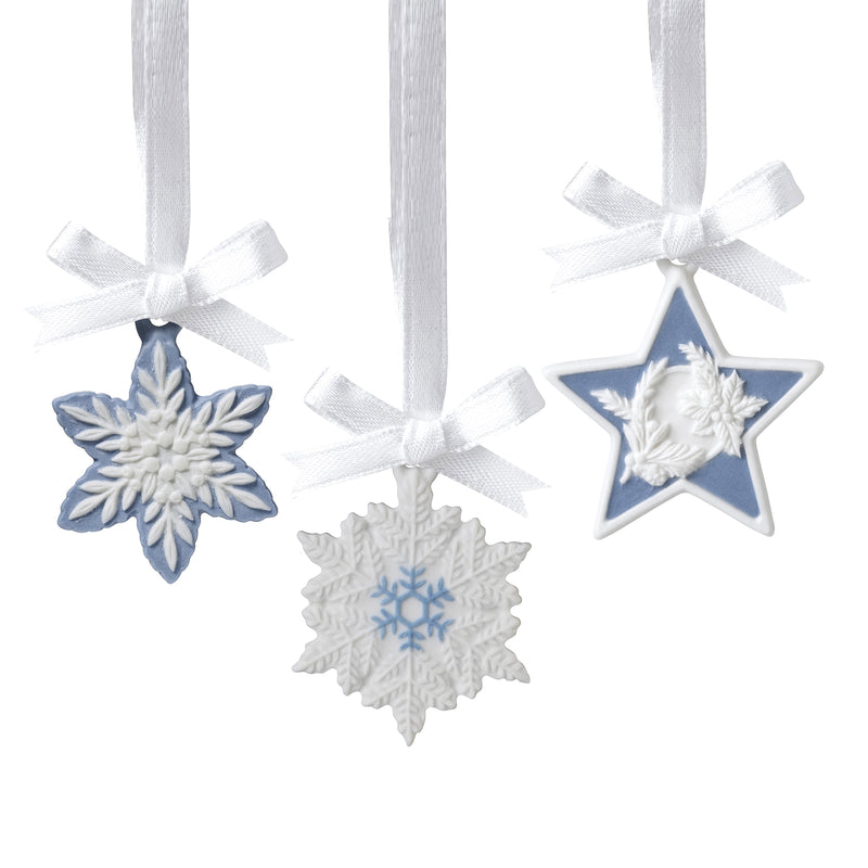 Wedgwood porcelain snowflake and star ornaments set of 3 with white and blue ribbons