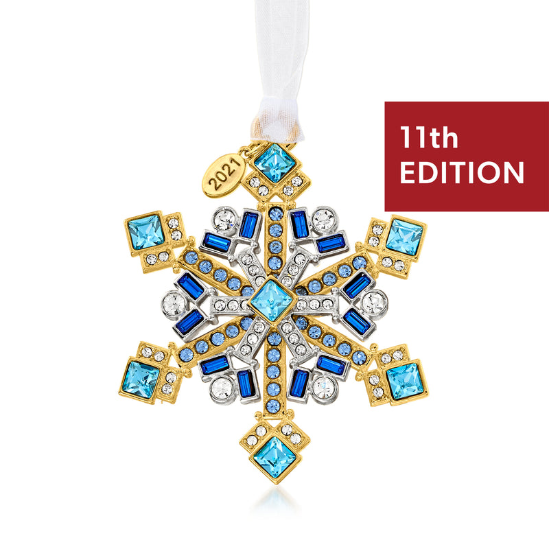 Two-toned crystal snowflake ornament with blue and white accents, gold-toned frame