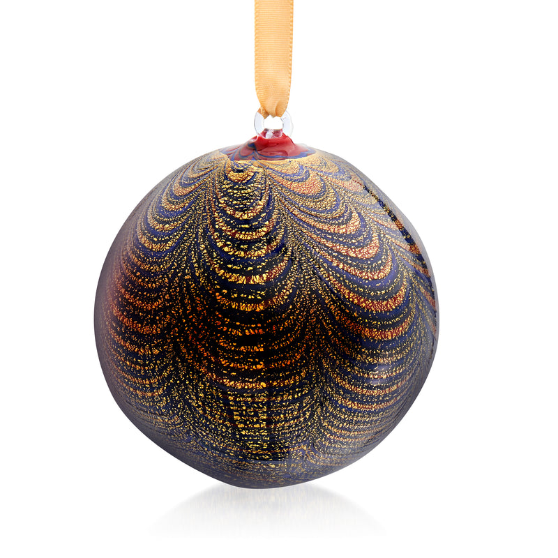 Murano glass bauble ornament, round dark blue with gold and brown swirl, hanging ribbon
