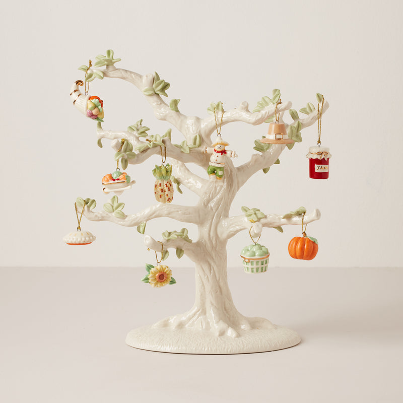 Lenox Autumn Favorites set of 10 mini ornaments on white ceramic tree display
