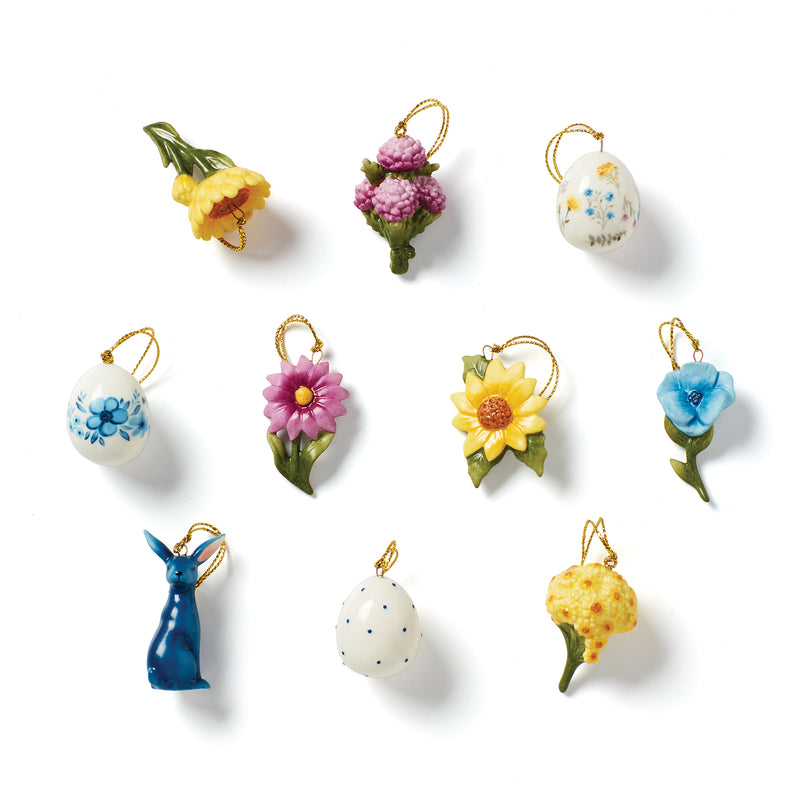 Set of 10 mini Easter ornaments with floral and egg-shaped designs, multicolor