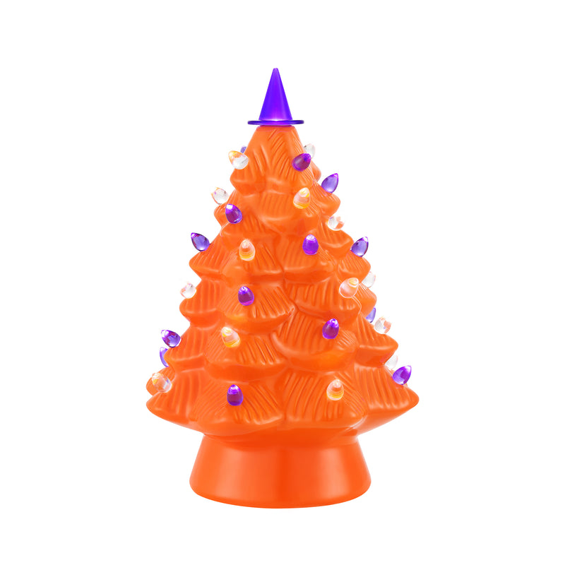 Mr. Halloween orange ceramic tree with purple witch hat topper and dotted lights
