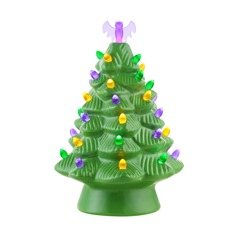 Green ceramic Halloween tree with bat topper and colorful bulb lights