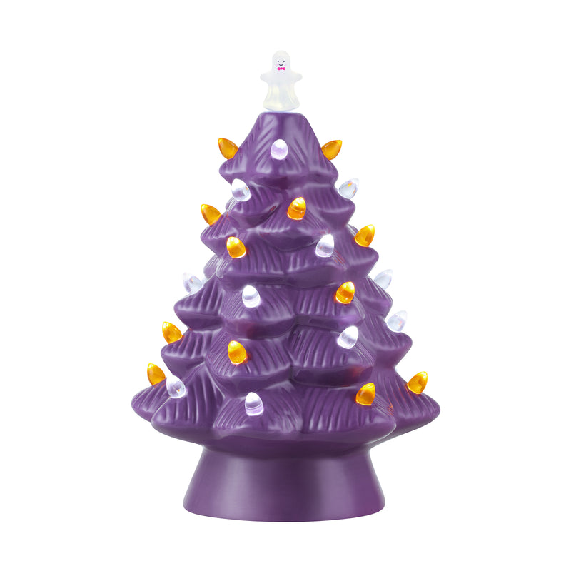 Purple ceramic Halloween tree with ghost topper and lit orange and white bulbs