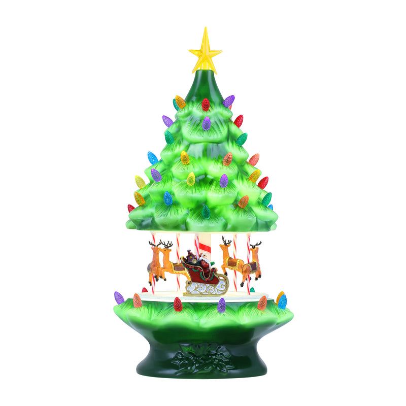 Nostalgic tree carousel decoration with green tiers, star topper, and horse scene base