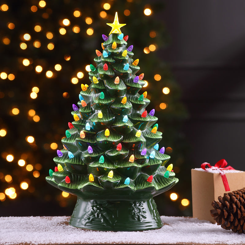 Mr. Christmas green ceramic Christmas tree figurine with star topper and colorful light accents
