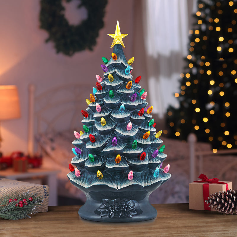 Ceramic Christmas tree decor, H country blue with multicolor bulb-like lights and star topper