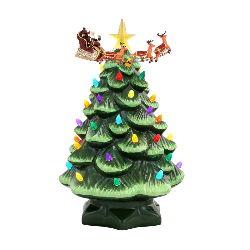Green ceramic Christmas tree with star topper, multicolor lights, Santa sleigh on top