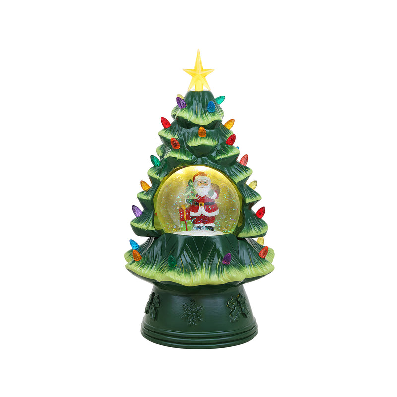 Nostalgic snow globe Christmas tree with Santa figure inside glass dome