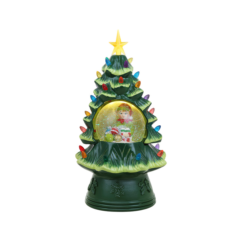 Colorful Christmas snow globe tree with elf figure inside and yellow star top
