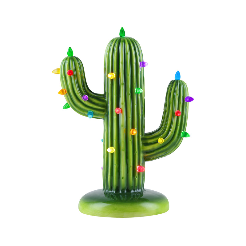 Green cactus-shaped Christmas decoration with glowing multicolor bulbs and small flower buds.