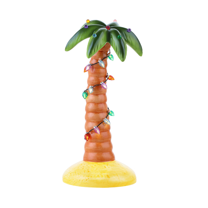 Christmas palm tree ornament with green fronds, orange trunk, and multicolor bulb garland