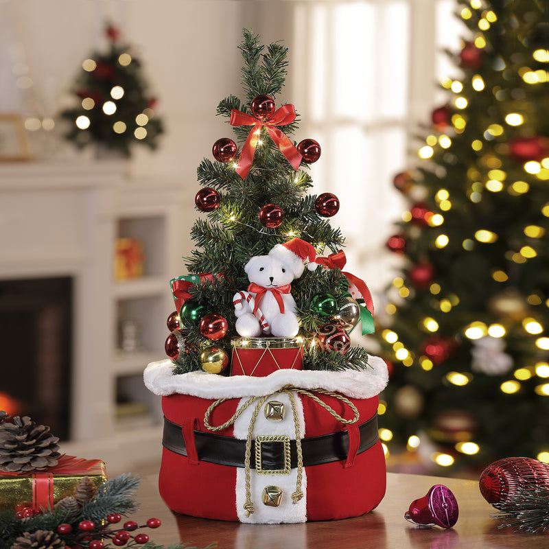 Decorative Santa toy bag with teddy bear, red fabric bag with white trim and plush