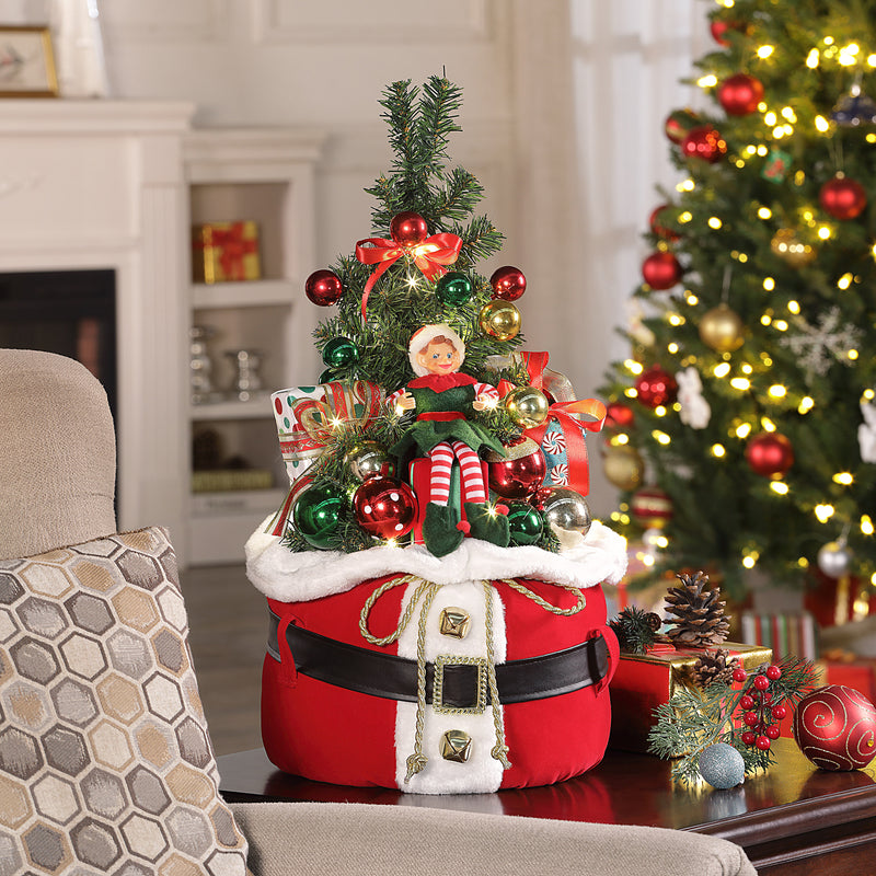 Decorative Santa toy bag with elf figure, red fabric with white trim and gold buckles