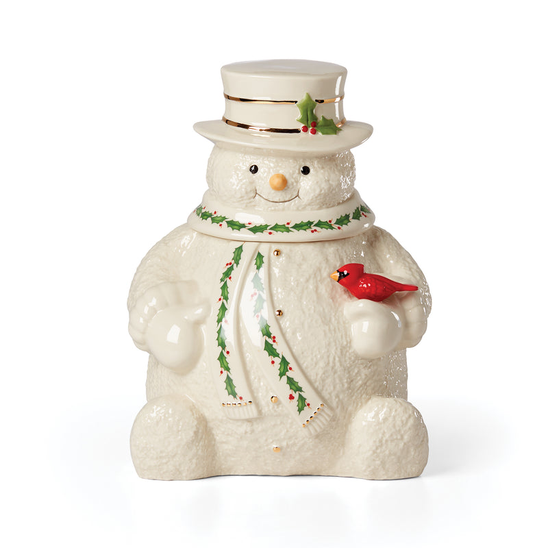 Snowman cookie jar with cream glaze, red cardinal and green holly on scarf