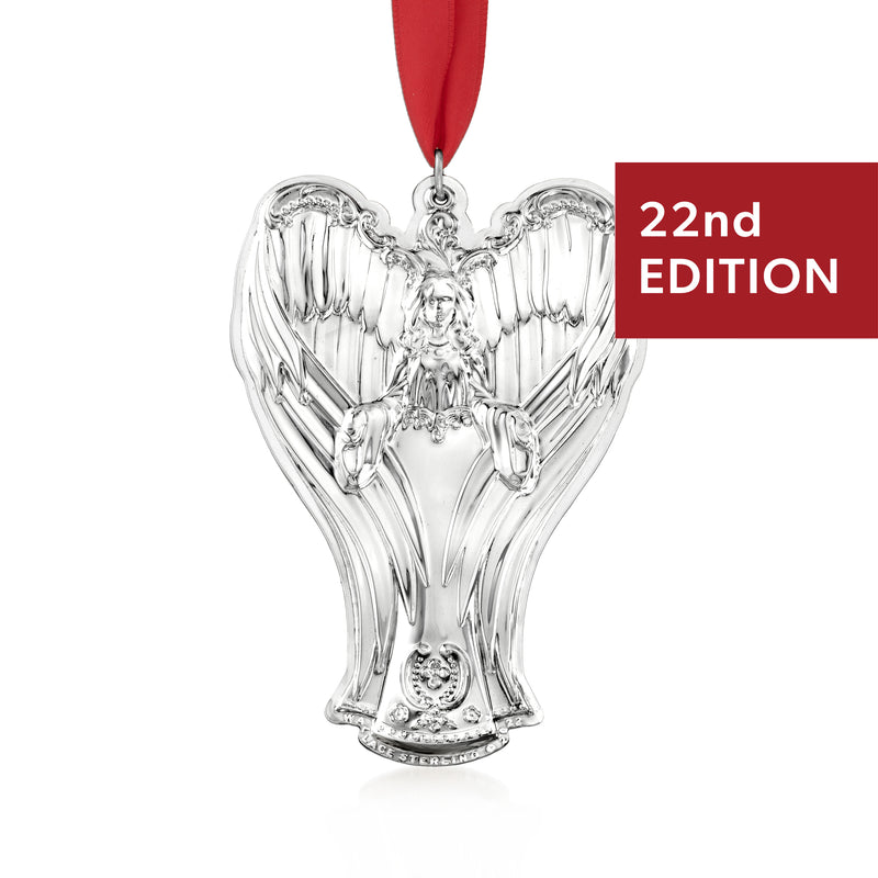 Sterling silver angel ornament with ornate wings and red ribbon, 22nd edition