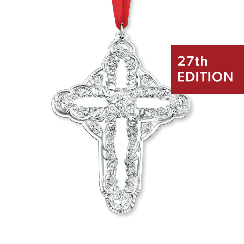 Wallace sterling silver cross ornament, ornate baroque filigree with hanging ribbon