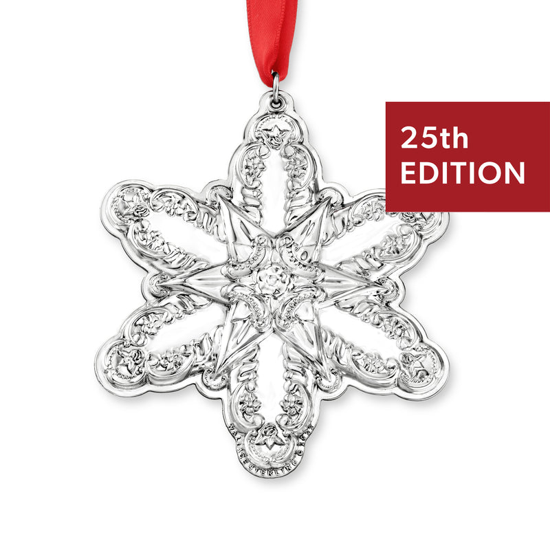 Sterling silver snowflake ornament with red ribbon, 25th edition medallion