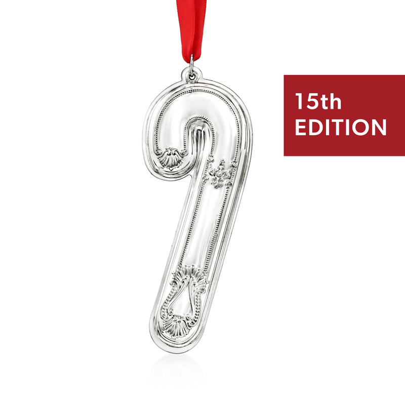 Sterling silver candy cane ornament with red ribbon, 15th edition, ornate scrollwork