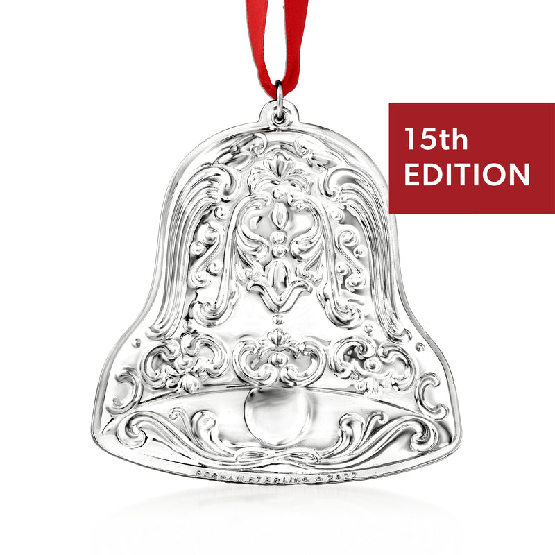 Gorham sterling silver Chantilly annual ornament, 15th edition, hanging with red ribbon