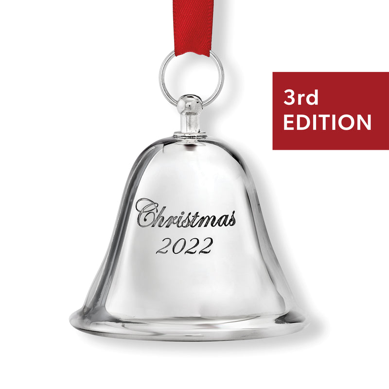 Sterling silver Christmas bell ornament with red ribbon, engraved “Christmas 2022”