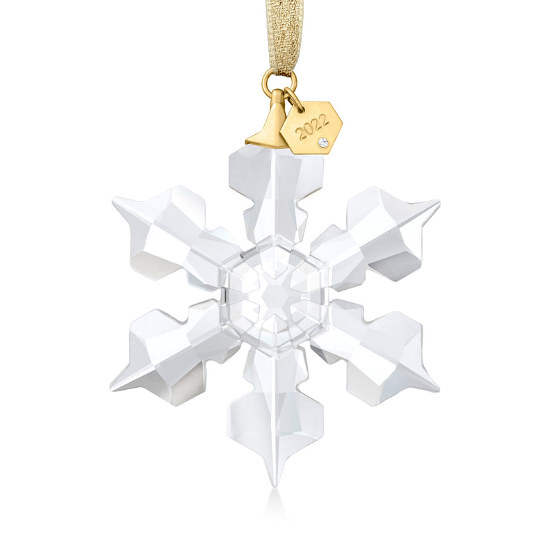 Swarovski Crystal 2022 snowflake ornament, clear white crystal with gold loop and 2022 tag