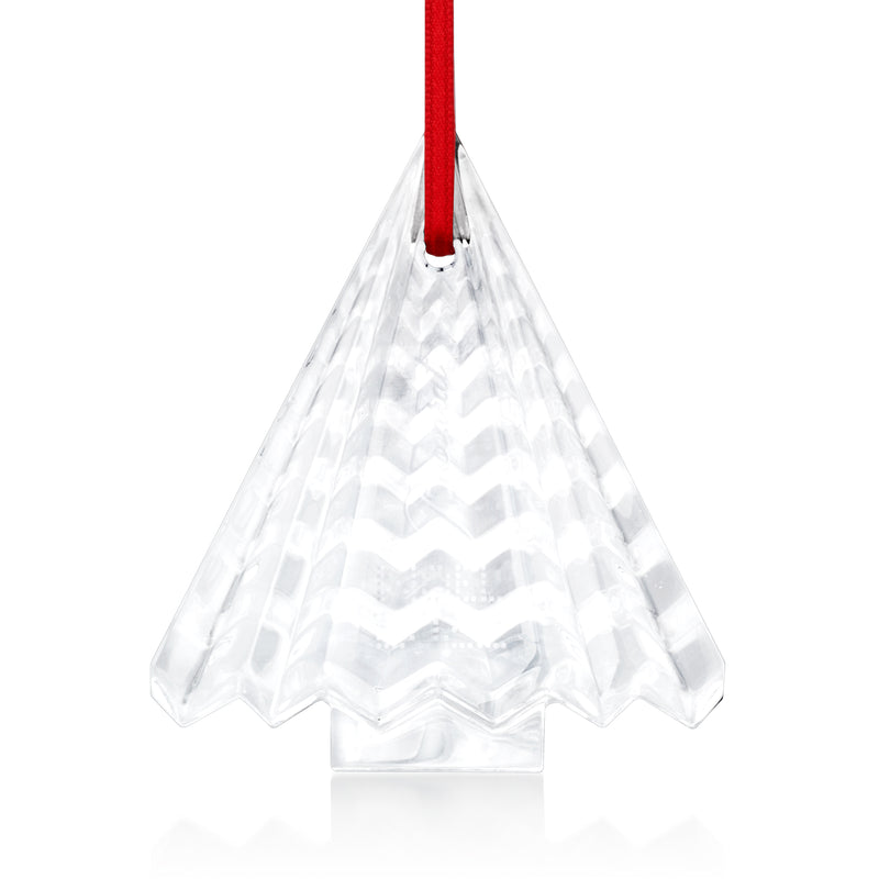 Baccarat crystal ornament with red hanging ribbon, faceted clear glass.