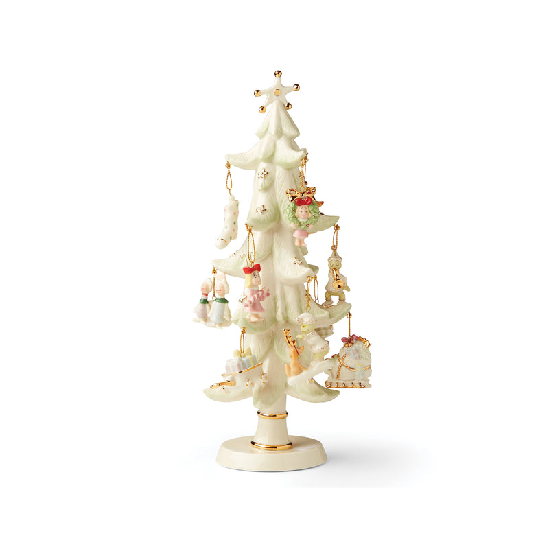 Porcelain Christmas tree figurine with hanging ornaments, white and gold base, 12-piece set