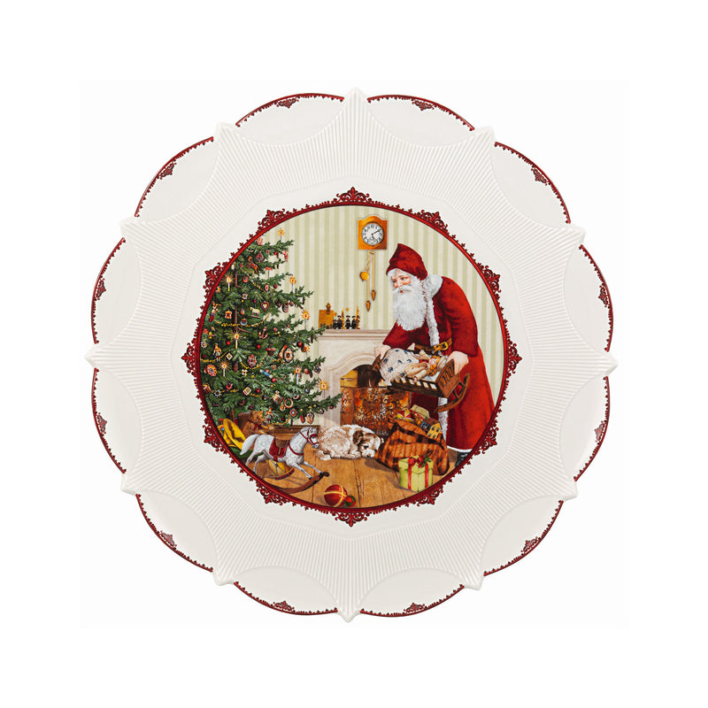 Large white pastry plate with scalloped rim, red trim, Santa delivering gifts illustration