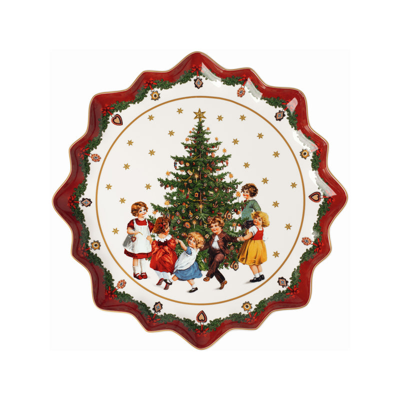 Villeroy & Boch Toy's Fantasy kids deep pastry plate with red scalloped rim, holiday dancers