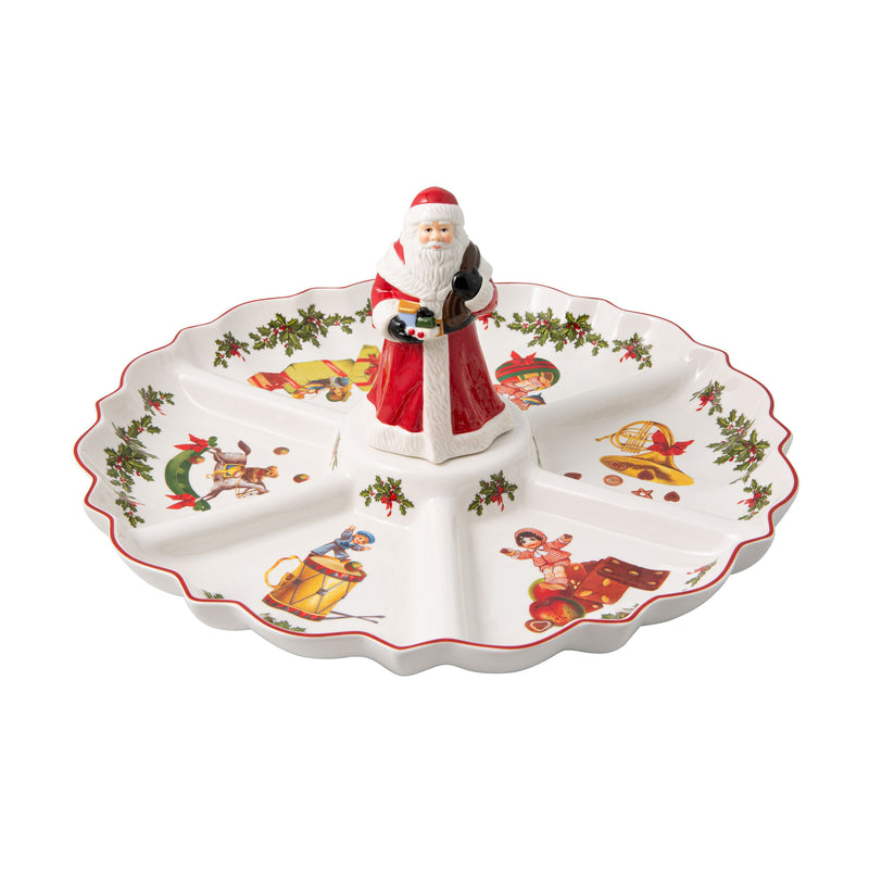 White divided ceramic serving platter with scalloped red rim, festive toy prints, center figure