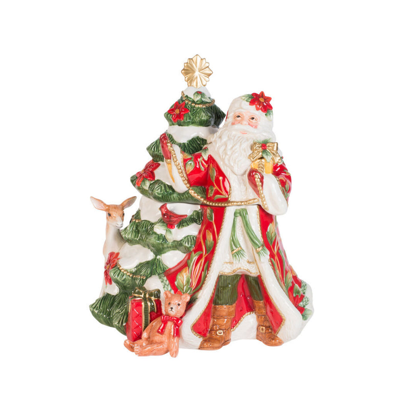 Ceramic Santa cookie jar figurine with red, green, and white holiday robes and bag