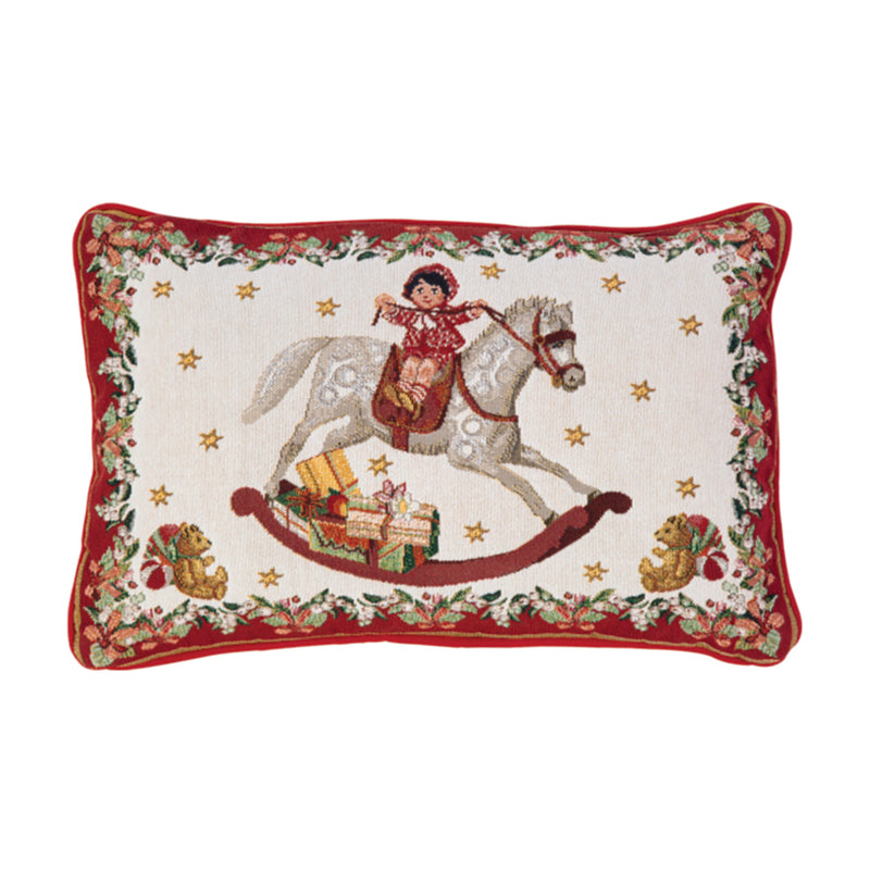 Villeroy & Boch reversible throw pillow with horse and holiday toy scene