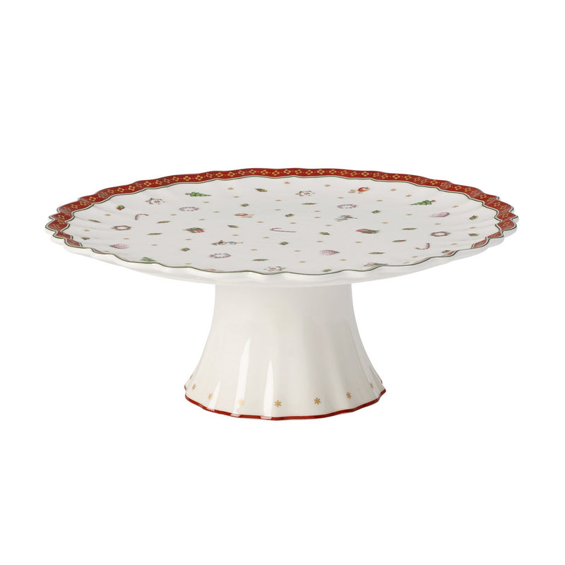 Footed cake plate with scalloped rim, white porcelain with red border and small motifs