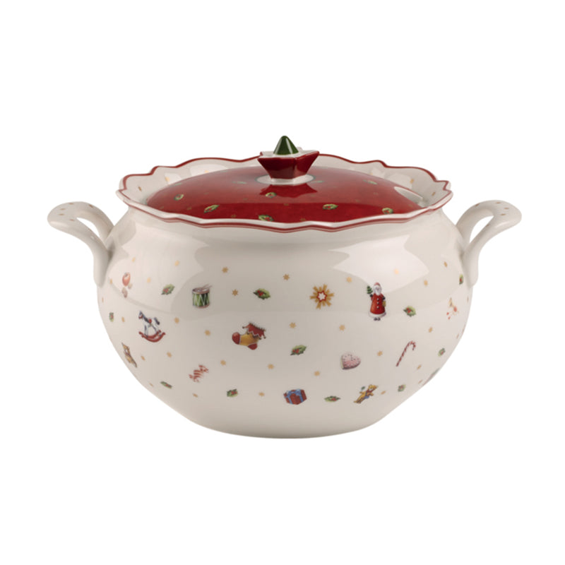 Holiday decorative soup tureen with red scalloped lid and white figurine pattern