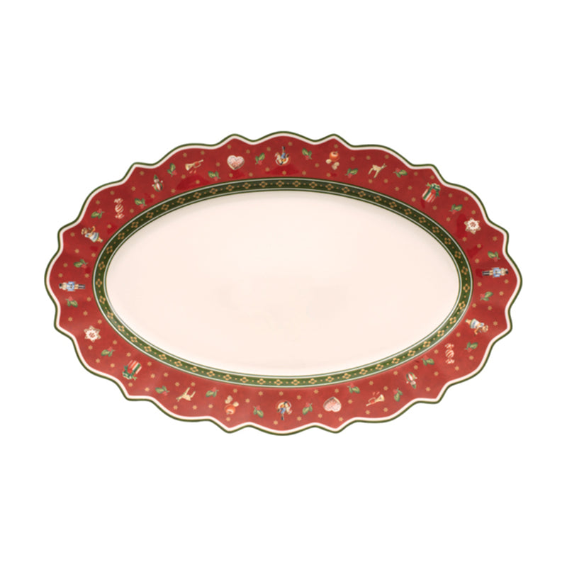 Villeroy & Boch Toys Delight large oval platter, red with festive border and scalloped rim