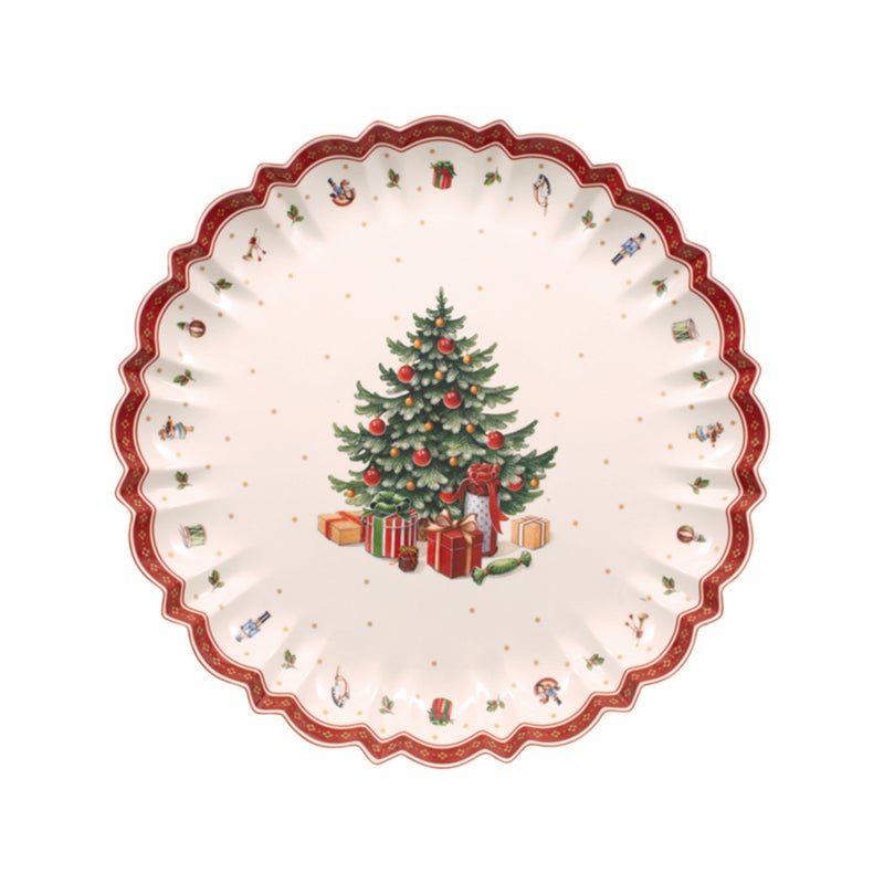 Holiday serving bowl with white base, red scalloped rim, Christmas tree and gift motif