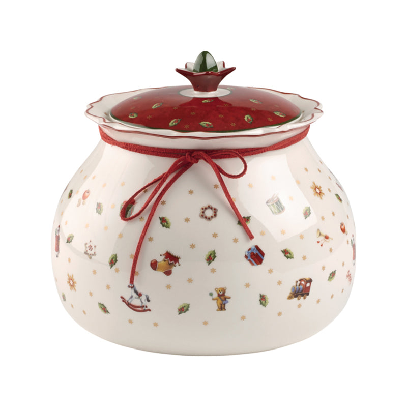 Villeroy & Boch large covered storage jar, white ceramic with festive holiday print and red lid