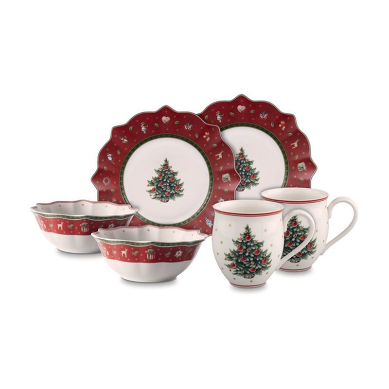 Christmas-themed red and white breakfast set with plates, bowls, and mugs for two