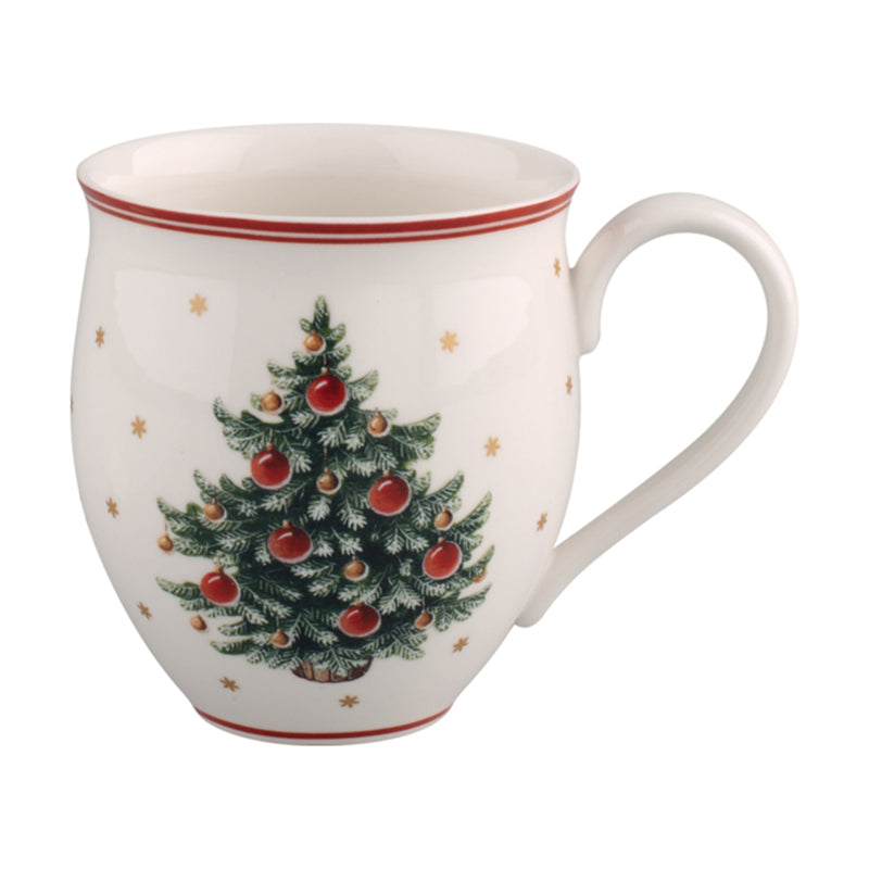 White Christmas tree mug with red rim and ornaments