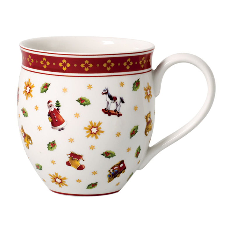 Ceramic mug with red rim, holiday toy motif and wide handle