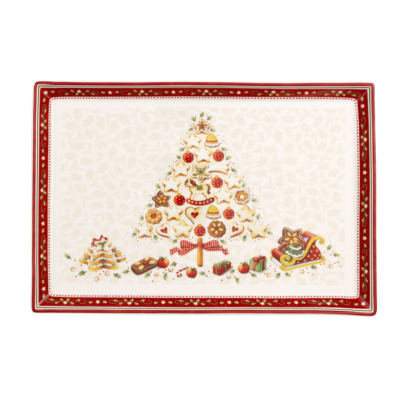 Large rectangular cake plate with red border and festive winter tree design