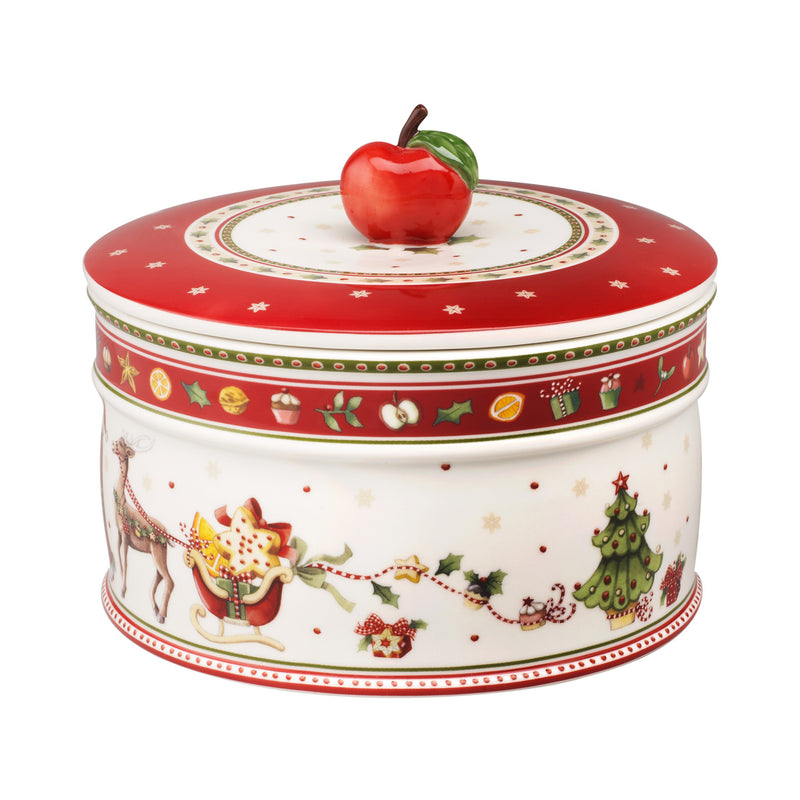 Villeroy & Boch large holiday pastry box with red lid, festive border, and illustrated scenes